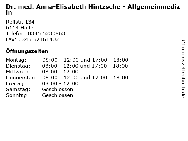Dr. med. Anna-Elisabeth Hintzsche - Allgemeinmedizin in Halle: Adresse und Öffnungszeiten