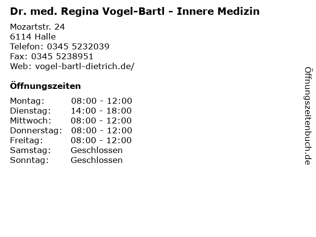 Dr. med. Regina Vogel-Bartl - Innere Medizin in Halle: Adresse und Öffnungszeiten