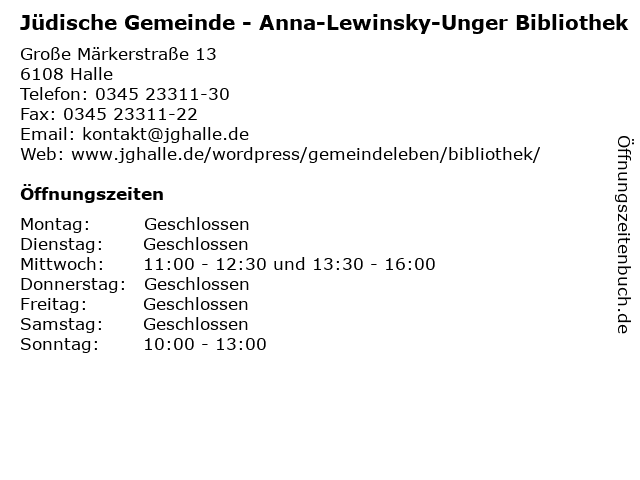 Jüdische Gemeinde - Anna-Lewinsky-Unger Bibliothek in Halle: Adresse und Öffnungszeiten