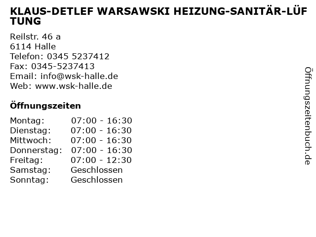KLAUS-DETLEF WARSAWSKI HEIZUNG-SANITÄR-LÜFTUNG in Halle: Adresse und Öffnungszeiten