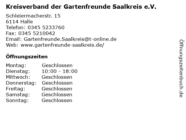 Kreisverband der Gartenfreunde Saalkreis e.V. in Halle: Adresse und Öffnungszeiten