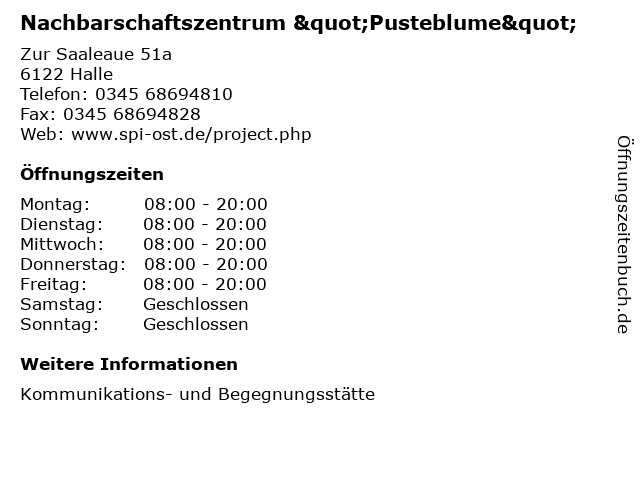 Nachbarschaftszentrum "Pusteblume" in Halle: Adresse und Öffnungszeiten