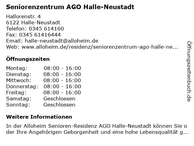 Seniorenzentrum AGO Halle-Neustadt in Halle-Neustadt: Adresse und Öffnungszeiten