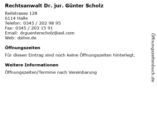 Rechtsanwalt Dr. jur. Günter Scholz in Halle: Adresse und Öffnungszeiten