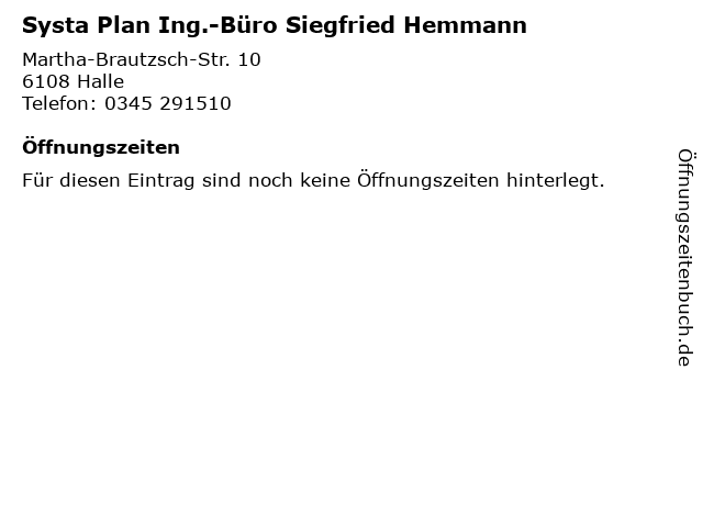 Systa Plan Ing.-Büro Siegfried Hemmann in Halle: Adresse und Öffnungszeiten