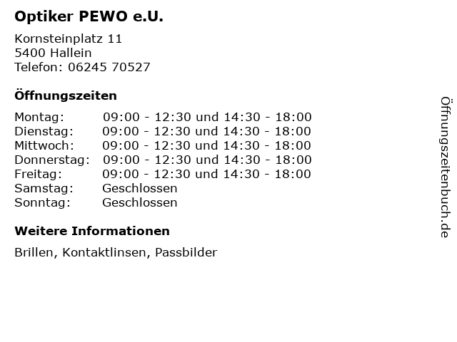 Optiker PEWO e.U. in Hallein: Adresse und Öffnungszeiten