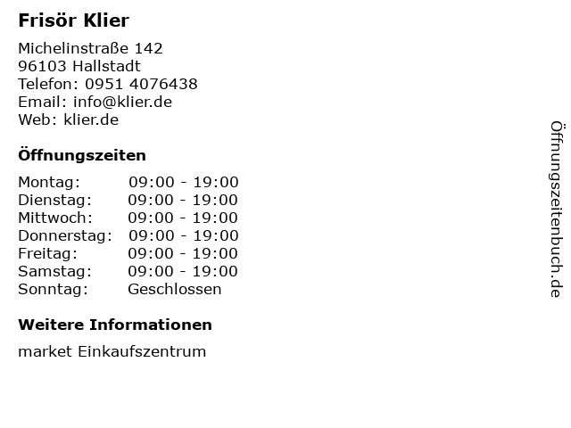 ᐅ Öffnungszeiten „frisör klier gmbh“ | michelinstraße 142 in hallstadt