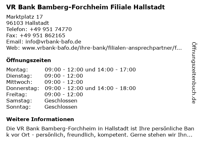 ᐅ Offnungszeiten Vr Bank Bamberg Eg Geschaftsstelle Hallstadt