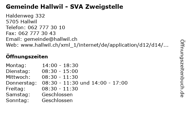 Gemeinde Hallwil - SVA Zweigstelle in Hallwil: Adresse und Öffnungszeiten