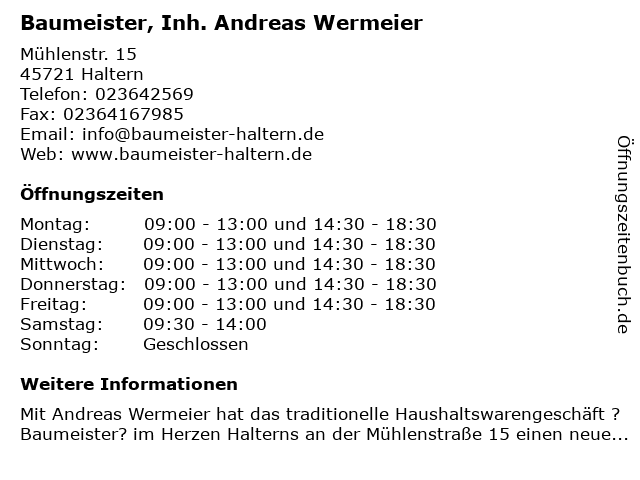 Baumeister, Inh. Andreas Wermeier in Haltern: Adresse und Öffnungszeiten