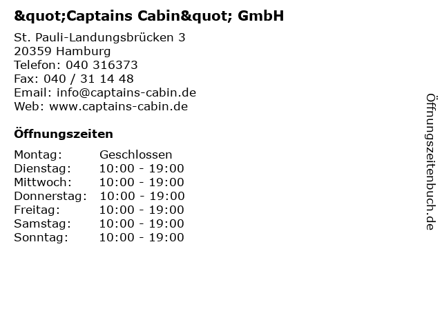 ᐅ Offnungszeiten Captains Cabin Gmbh St Pauli