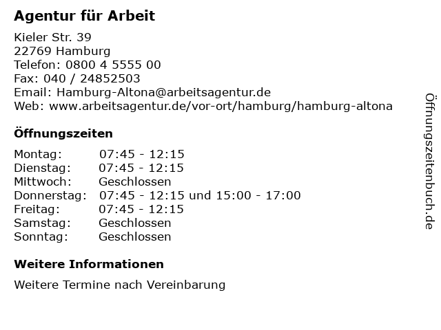 ᐅ Offnungszeiten Agentur Fur Arbeit Altona Kieler Str 39 In Hamburg