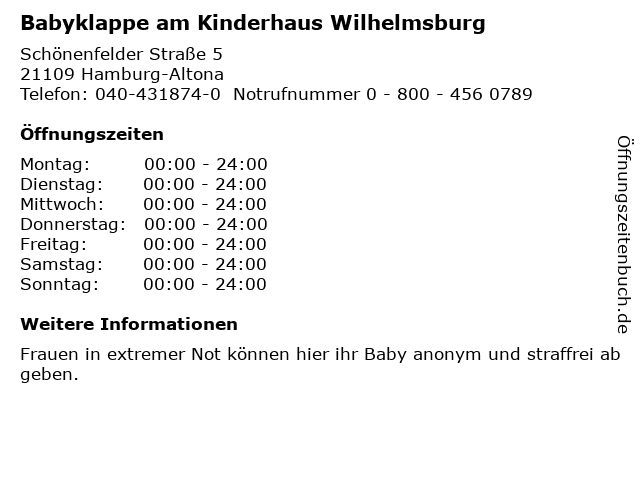 Babyklappe am Kinderhaus Wilhelmsburg in Hamburg-Altona: Adresse und Öffnungszeiten