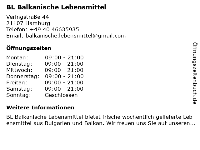 BL Balkanische Lebensmittel in Hamburg: Adresse und Öffnungszeiten