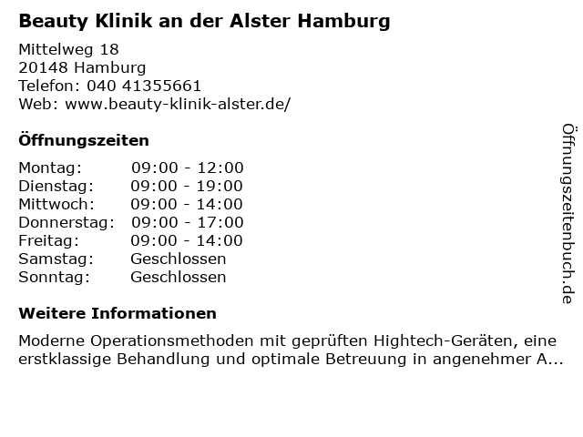 Beauty Klinik an der Alster Hamburg in Hamburg: Adresse und Öffnungszeiten