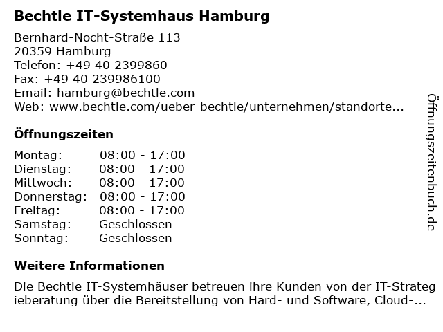ᐅ Offnungszeiten Bechtle Gmbh It Systemhaus Bernhard Nocht Strasse 113 In Hamburg