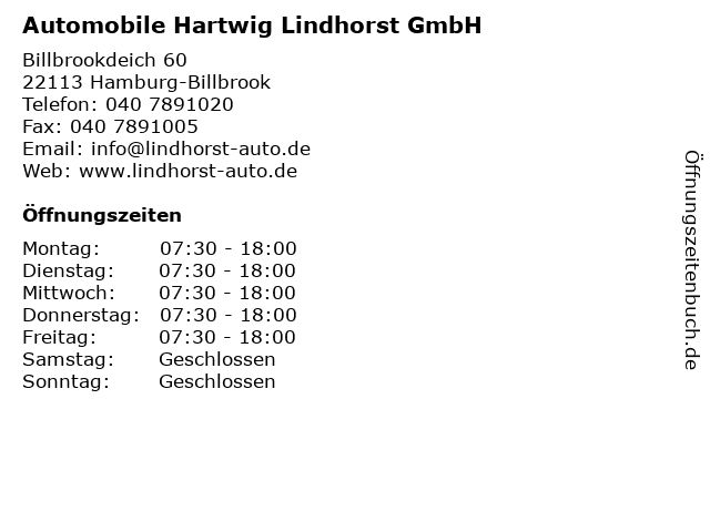 Automobile Hartwig Lindhorst GmbH in Hamburg-Billbrook: Adresse und Öffnungszeiten
