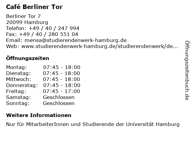 Café Berliner Tor in Hamburg: Adresse und Öffnungszeiten