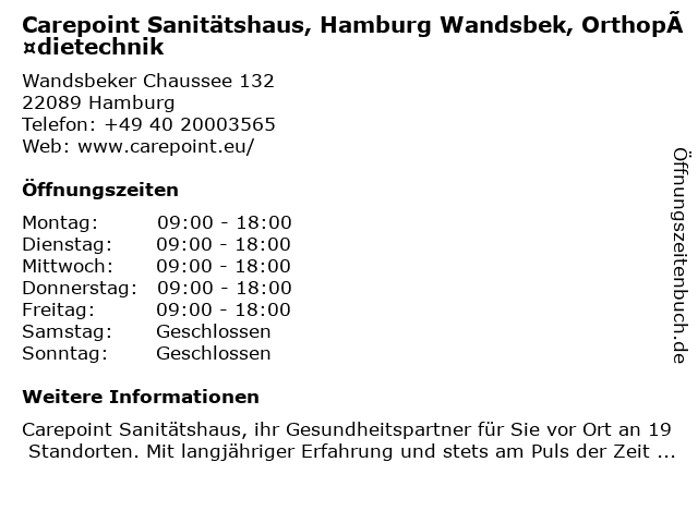 Carepoint Sanitätshaus, Hamburg Wandsbek, Orthopädietechnik in Hamburg: Adresse und Öffnungszeiten
