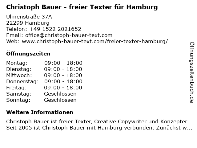 Christoph Bauer - freier Texter für Hamburg in Hamburg: Adresse und Öffnungszeiten