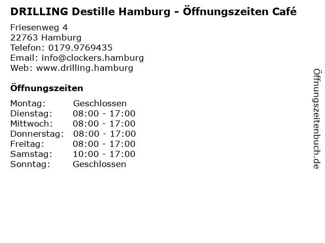 ᐅ Öffnungszeiten „DRILLING Destille Hamburg - Öffnungszeiten Café“ |  Friesenweg 4 in Hamburg