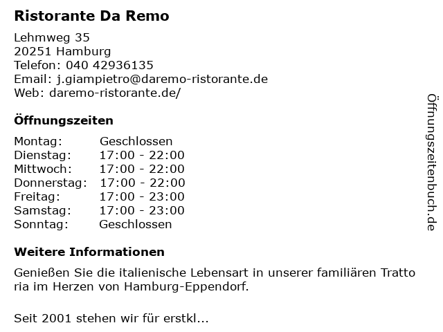 Da Remo in Hamburg: Adresse und Öffnungszeiten