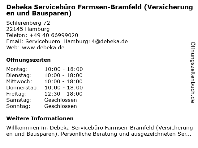 ᐅ Offnungszeiten Debeka Serviceburo Farmsen Bramfeld Meiendorfer Str 68 In Hamburg