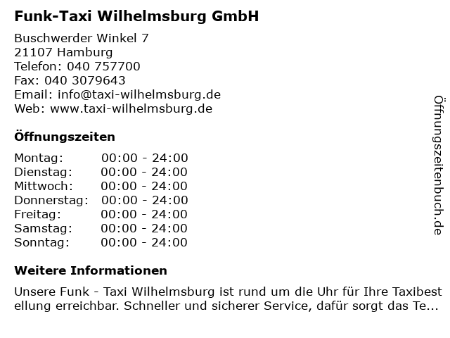 Funk-Taxi Wilhelmsburg GmbH in Hamburg: Adresse und Öffnungszeiten