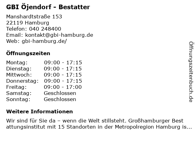 ᐅ Offnungszeiten Gbi Grosshamburger Bestattungsinstitut Rv Standort Ojendorf Manshardtstr 153 In Hamburg