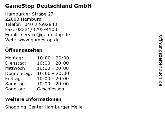 GameStop Deutschland GmbH in Hamburg: Adresse und Öffnungszeiten