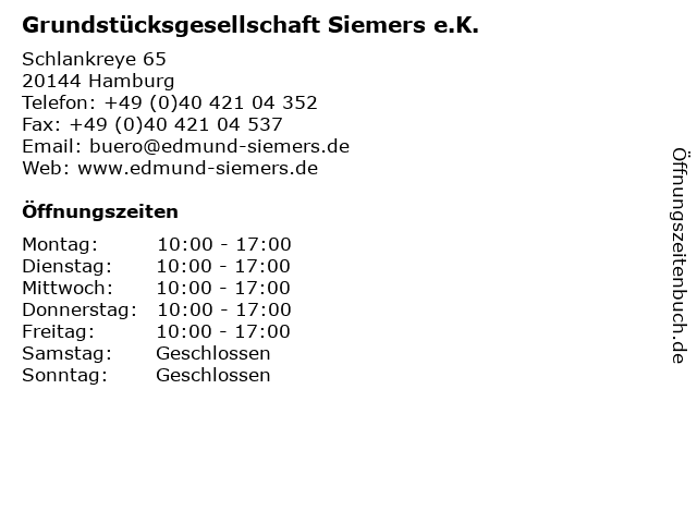 Grundstücksgesellschaft Siemers e.K. in Hamburg: Adresse und Öffnungszeiten