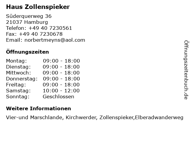 Haus Zollenspieker in Hamburg: Adresse und Öffnungszeiten
