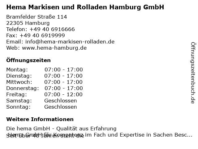 Hema Markisen und Rolladen Hamburg GmbH in Hamburg: Adresse und Öffnungszeiten