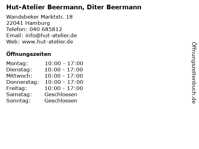 Hut-Atelier Beermann, Diter Beermann in Hamburg: Adresse und Öffnungszeiten