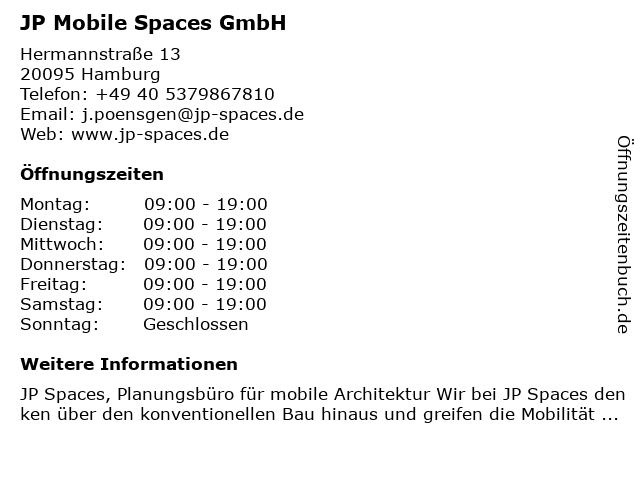 JP Mobile Spaces GmbH in Hamburg: Adresse und Öffnungszeiten