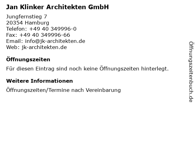 Jan Klinker Architekten GmbH in Hamburg: Adresse und Öffnungszeiten