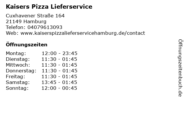 Kaisers Pizza Lieferservice in Hamburg: Adresse und Öffnungszeiten