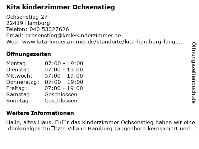 Kita Kinderzimmer Ochsenstieg in Hamburg: Adresse und Öffnungszeiten