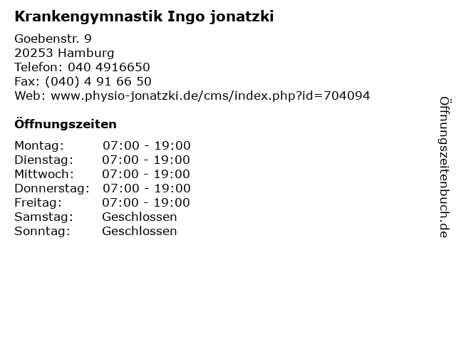 Krankengymnastik Ingo jonatzki in Hamburg: Adresse und Öffnungszeiten