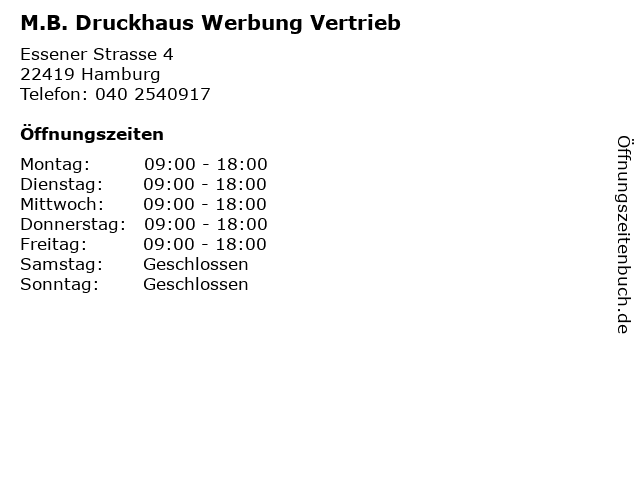 M.B. Druckhaus Werbung Vertrieb in Hamburg: Adresse und Öffnungszeiten