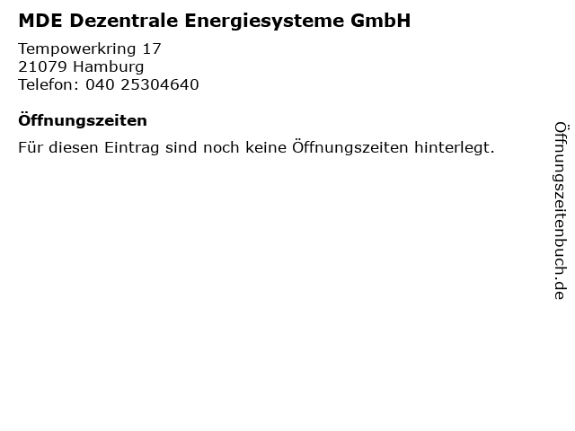 MDE Dezentrale Energiesysteme GmbH in Hamburg: Adresse und Öffnungszeiten