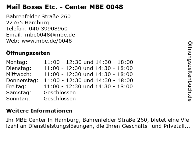 Mail Boxes Etc. - Center MBE 0048 in Hamburg: Adresse und Öffnungszeiten