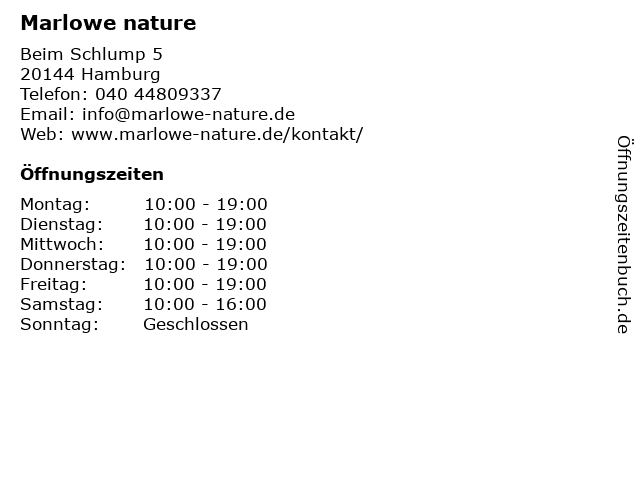 ᐅ Öffnungszeiten „Marlowe nature“ | Beim 5 in Hamburg