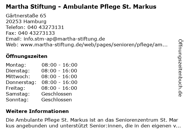 Martha Stiftung - Ambulante Pflege St. Markus in Hamburg: Adresse und Öffnungszeiten
