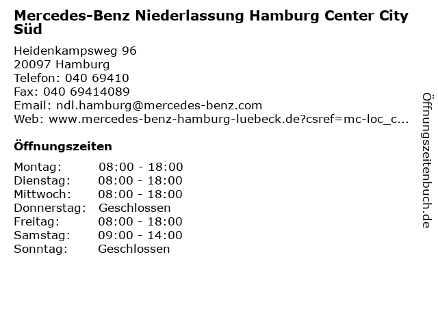 Mercedes-Benz Niederlassung Hamburg Center City Süd in Hamburg: Adresse und Öffnungszeiten