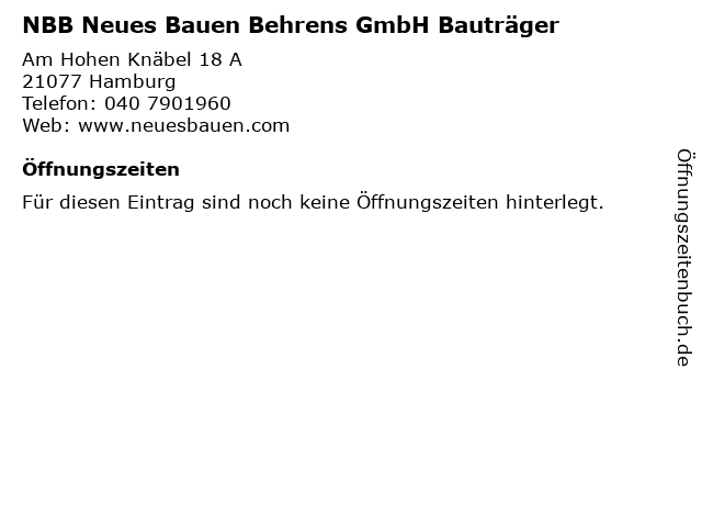 NBB Neues Bauen Behrens GmbH Bauträger in Hamburg: Adresse und Öffnungszeiten