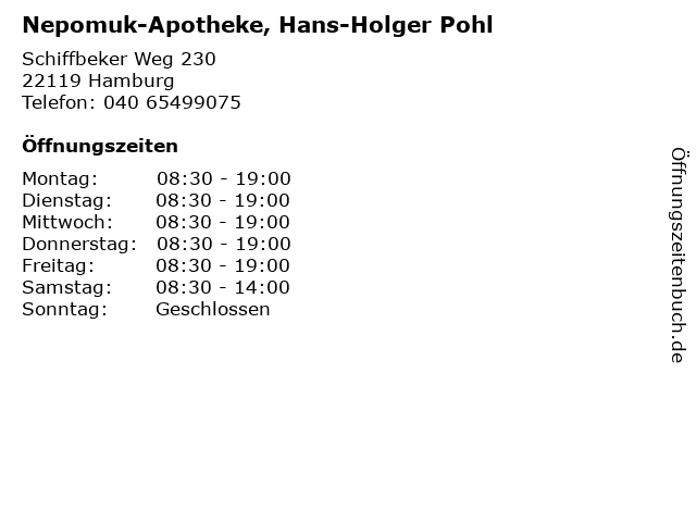 Nepomuk-Apotheke, Hans-Holger Pohl in Hamburg: Adresse und Öffnungszeiten