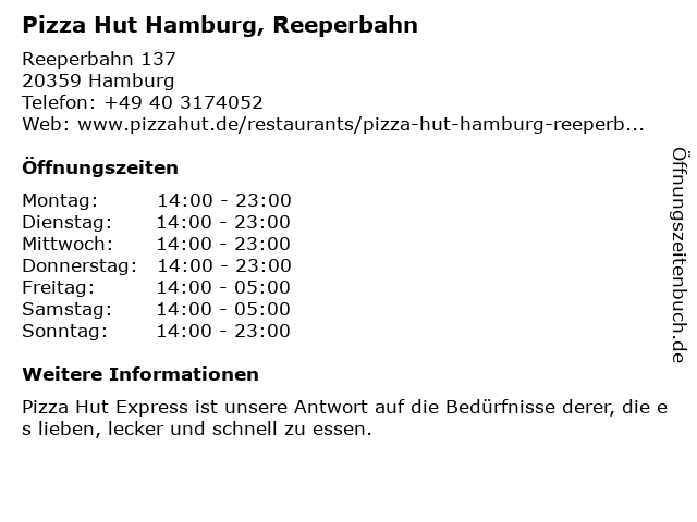 Pizza Hut Hamburg, Reeperbahn in Hamburg: Adresse und Öffnungszeiten