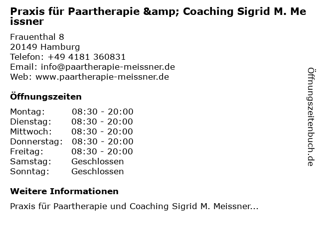Praxis für Paartherapie & Coaching Sigrid M. Meissner in Hamburg: Adresse und Öffnungszeiten