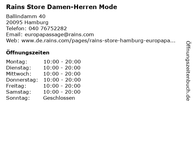 Rains Store Damen-Herren Mode in Hamburg: Adresse und Öffnungszeiten